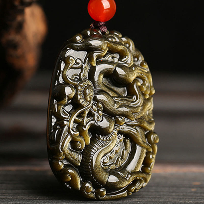 Buddha Stones Gold Sheen Obsidian Drachen Muster Erfolg Halskette Anhänger