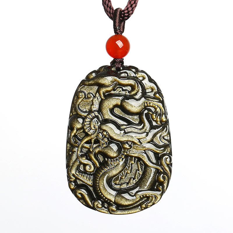 Buddha Stones Gold Sheen Obsidian Drachen Muster Erfolg Halskette Anhänger