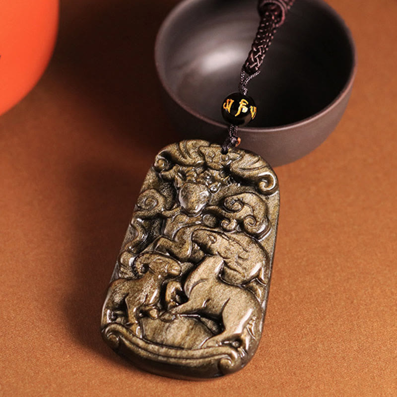 Halskette mit Anhänger aus Obsidian mit Buddha-Steinen und Goldglanz, drei Ziegen bringen Glück und Reichtum