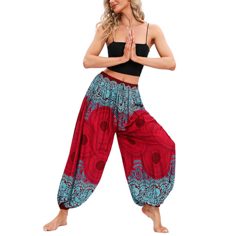 Lose Haremshose mit Buddha-Steinen und kreisförmigem Blumenmuster für Damen - Rot (Passend für US4-8/10; UK/AU8-12/14; EU36-40/42) - image 1