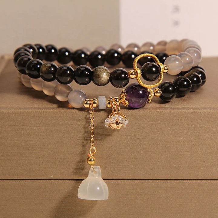 Buddha-Steine, Goldglanz, Obsidian, Grau, Achat, Lotus-Anhänger, Stärkung, Doppel-Wickelarmband