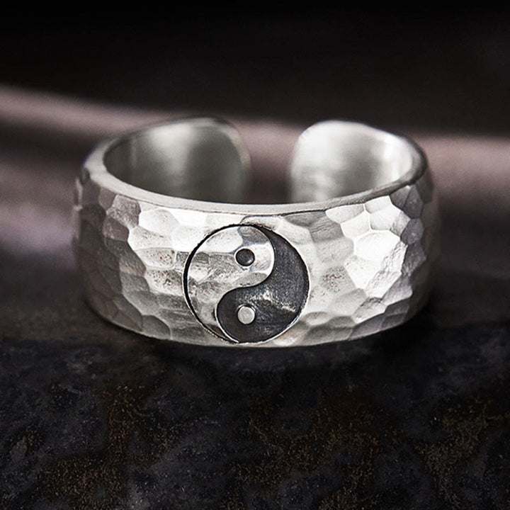 Buddha-Steine, handgefertigt, 999 Sterlingsilber, Yin Yang Bagua Symbol, Harmonie, verstellbarer Ring