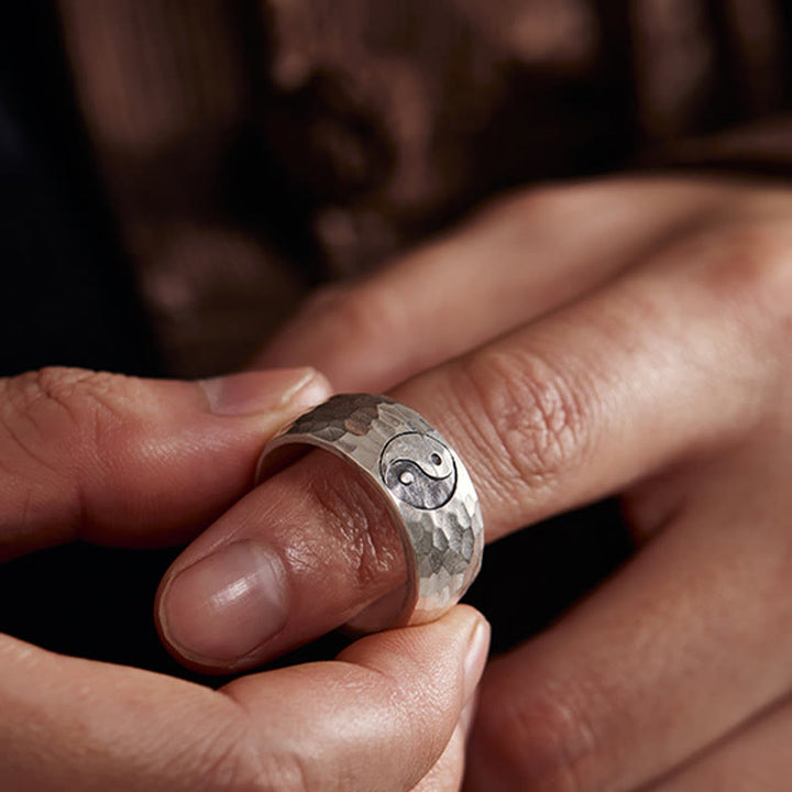 Buddha-Steine, handgefertigt, 999 Sterlingsilber, Yin Yang Bagua Symbol, Harmonie, verstellbarer Ring