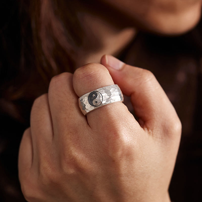 Buddha-Steine, handgefertigt, 999 Sterlingsilber, Yin Yang Bagua Symbol, Harmonie, verstellbarer Ring