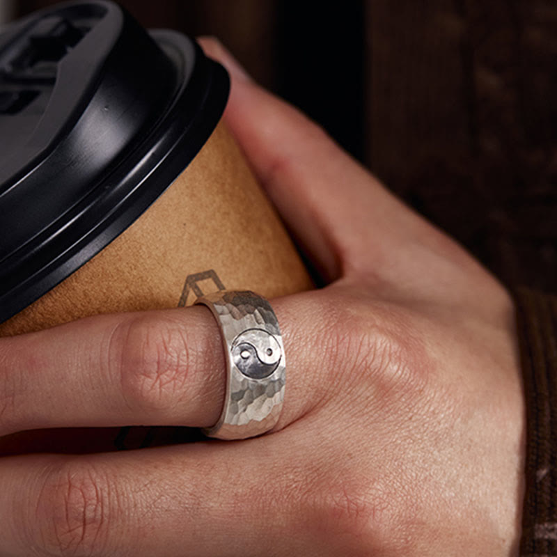 Buddha-Steine, handgefertigt, 999 Sterlingsilber, Yin Yang Bagua Symbol, Harmonie, verstellbarer Ring