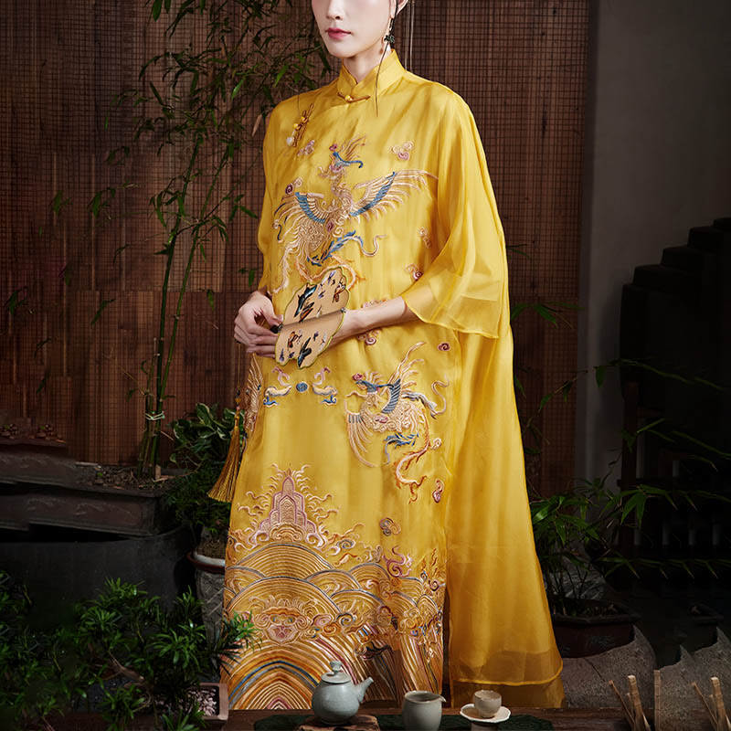 Buddha Stones 100 % Maulbeerseide-Organza-Kleid, besticktes gelbes Phoenix-Qipao-Cheongsam-Kleid - US12, UK/AU16, EU44 (XL) - image 0