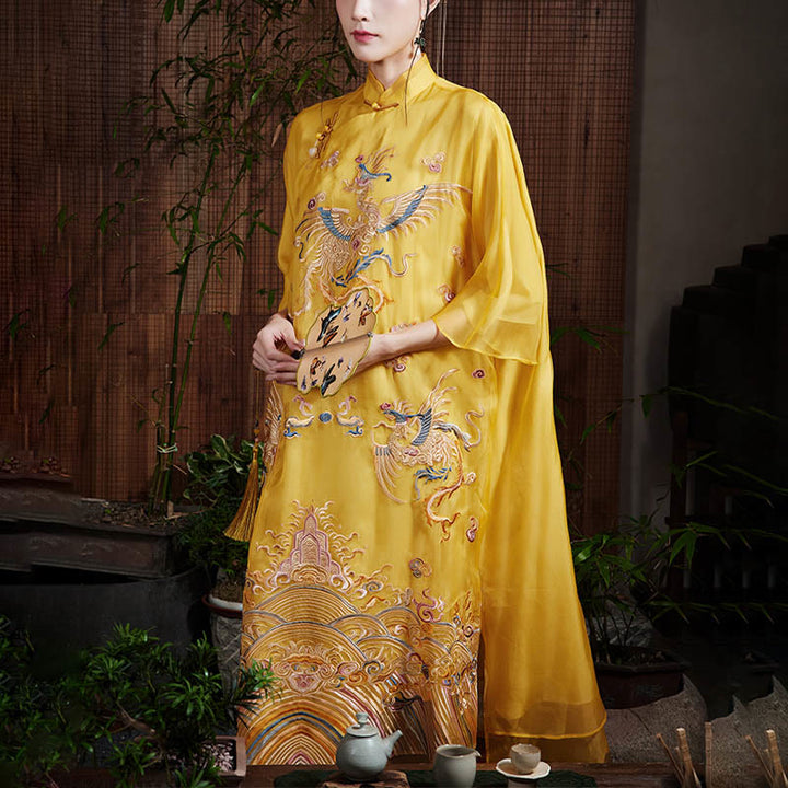 Buddha Stones 100 % Maulbeerseide-Organza-Kleid, besticktes gelbes Phoenix-Qipao-Cheongsam-Kleid - US12, UK/AU16, EU44 (XL) - image 0