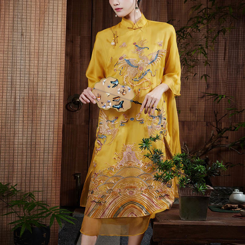 Buddha Stones 100 % Maulbeerseide-Organza-Kleid, besticktes gelbes Phoenix-Qipao-Cheongsam-Kleid - image 1