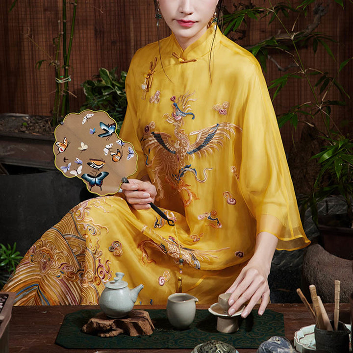 Buddha Stones 100 % Maulbeerseide-Organza-Kleid, besticktes gelbes Phoenix-Qipao-Cheongsam-Kleid - image 3
