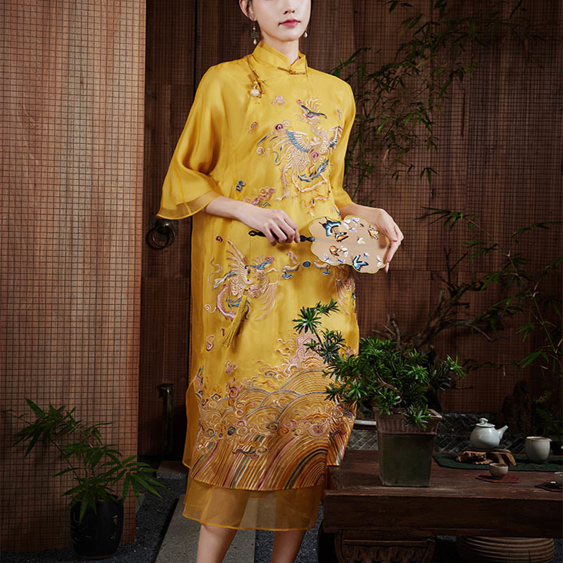 Buddha Stones 100 % Maulbeerseide-Organza-Kleid, besticktes gelbes Phoenix-Qipao-Cheongsam-Kleid - image 5