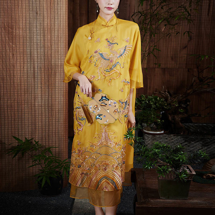 Buddha Stones 100 % Maulbeerseide-Organza-Kleid, besticktes gelbes Phoenix-Qipao-Cheongsam-Kleid - image 2