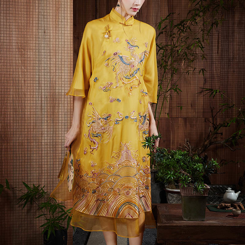 Buddha Stones 100 % Maulbeerseide-Organza-Kleid, besticktes gelbes Phoenix-Qipao-Cheongsam-Kleid - image 4