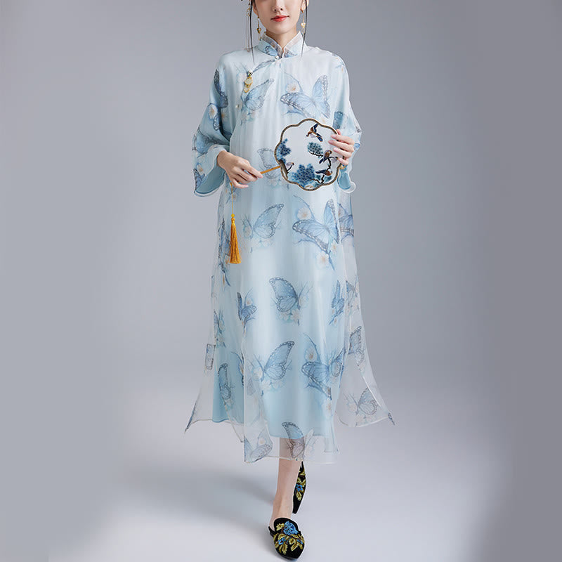 Buddha Stones Qipao-Cheongsam-Kleid aus 100 % Maulbeerseide-Organza mit blauem Schmetterlingsdruck