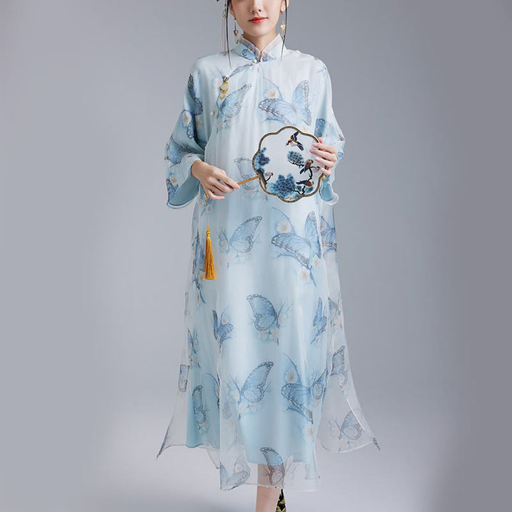 Buddha Stones Qipao-Cheongsam-Kleid aus 100 % Maulbeerseide-Organza mit blauem Schmetterlingsdruck