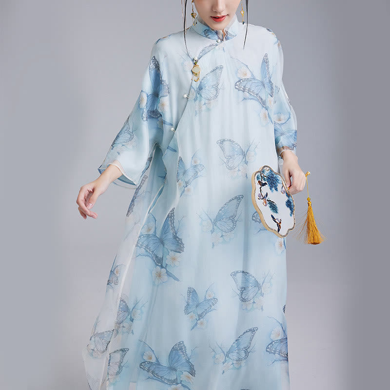 Buddha Stones Qipao-Cheongsam-Kleid aus 100 % Maulbeerseide-Organza mit blauem Schmetterlingsdruck