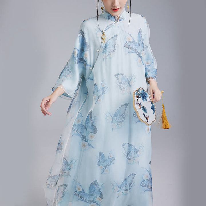 Buddha Stones Qipao-Cheongsam-Kleid aus 100 % Maulbeerseide-Organza mit blauem Schmetterlingsdruck