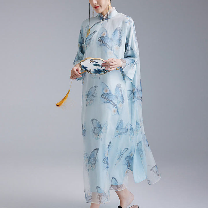 Buddha Stones Qipao-Cheongsam-Kleid aus 100 % Maulbeerseide-Organza mit blauem Schmetterlingsdruck