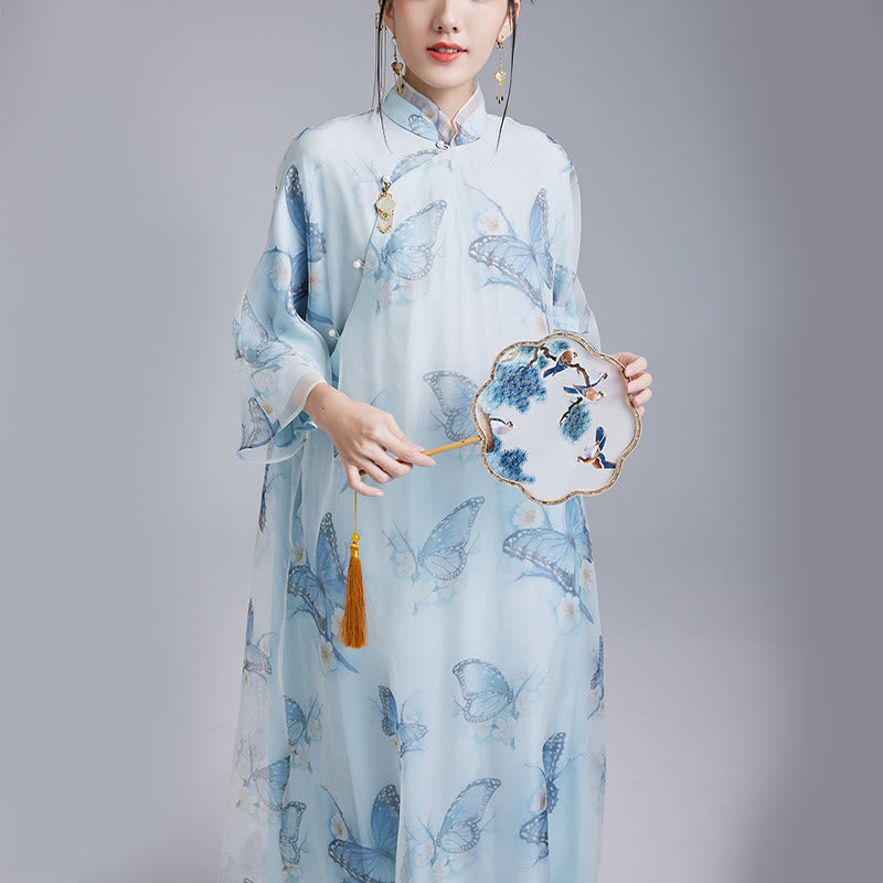 Buddha Stones Qipao-Cheongsam-Kleid aus 100 % Maulbeerseide-Organza mit blauem Schmetterlingsdruck