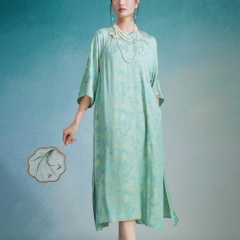 Buddha Stones Kleines Blumenblatt Jacquard Chinesisches Cheongsam Qipao Midikleid mit Taschen - Grün - US12, UK/AU16, EU44 (XL) - image 0