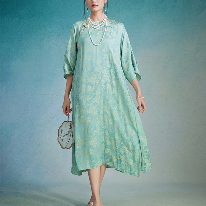 Buddha Stones Kleines Blumenblatt Jacquard Chinesisches Cheongsam Qipao Midikleid mit Taschen - image 1