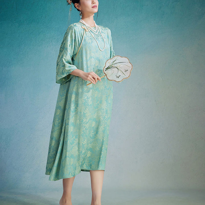 Buddha Stones Kleines Blumenblatt Jacquard Chinesisches Cheongsam Qipao Midikleid mit Taschen - image 5