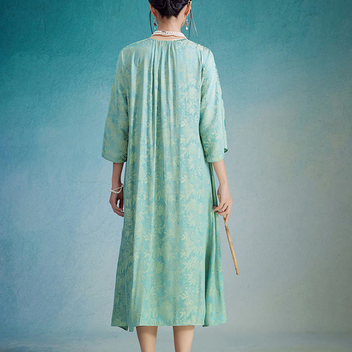 Buddha Stones Kleines Blumenblatt Jacquard Chinesisches Cheongsam Qipao Midikleid mit Taschen - image 2