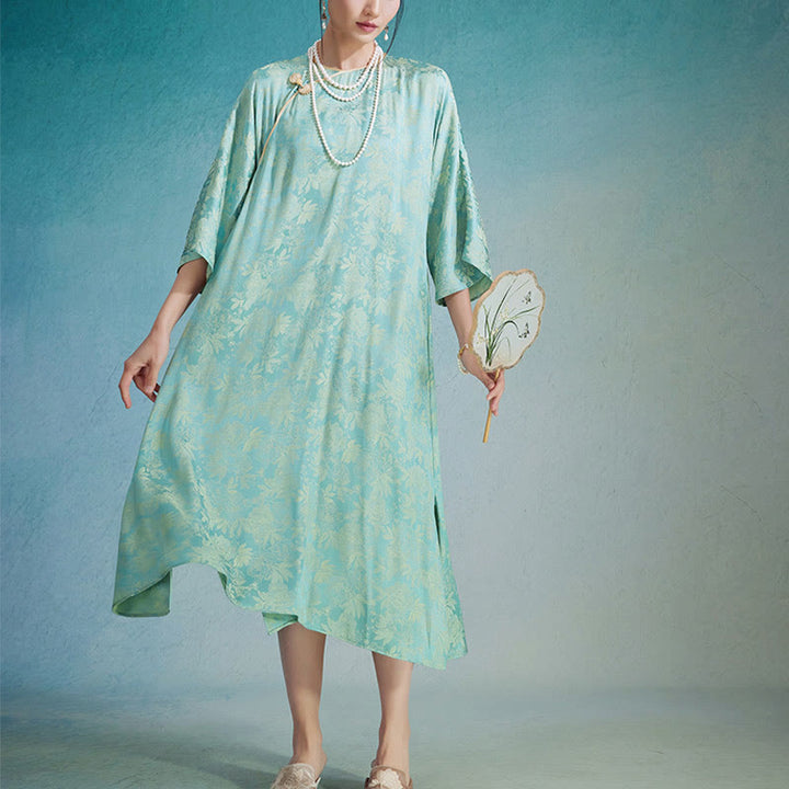 Buddha Stones Kleines Blumenblatt Jacquard Chinesisches Cheongsam Qipao Midikleid mit Taschen - image 4