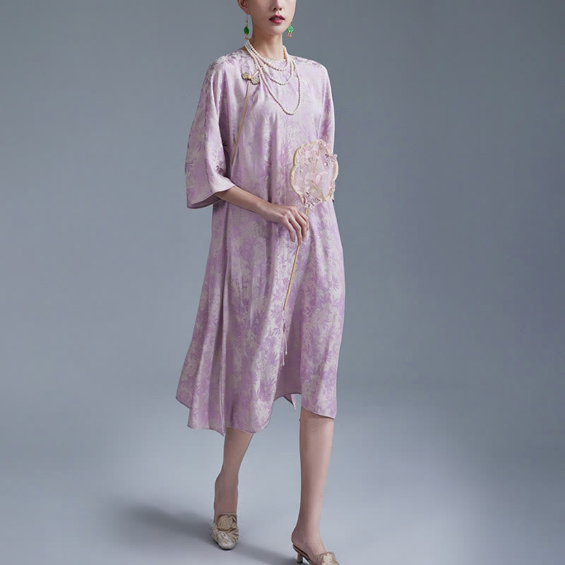 Buddha Stones Kleines Blumenblatt Jacquard Chinesisches Cheongsam Qipao Midikleid mit Taschen - image 7