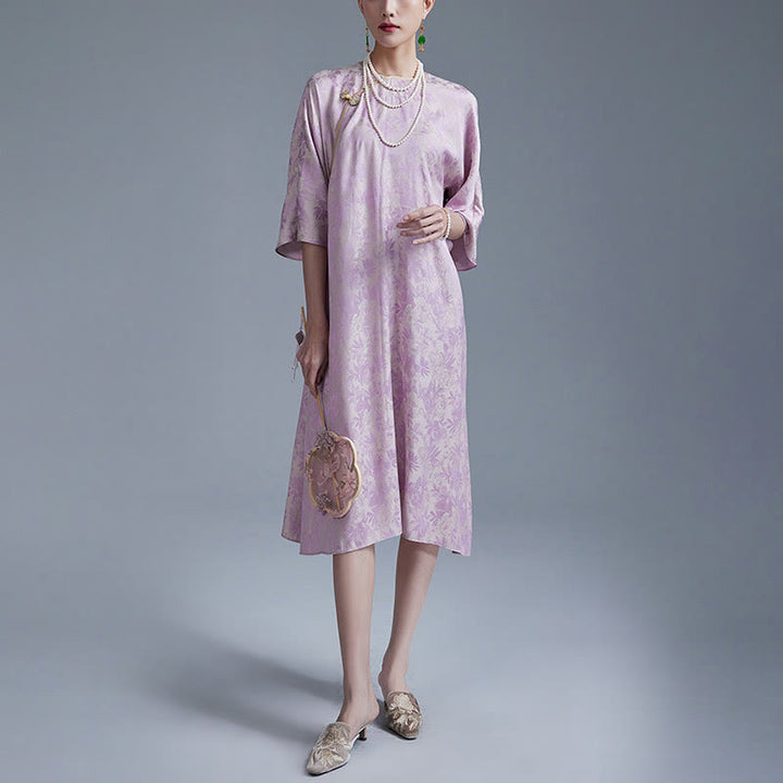 Buddha Stones Kleines Blumenblatt Jacquard Chinesisches Cheongsam Qipao Midikleid mit Taschen - image 9