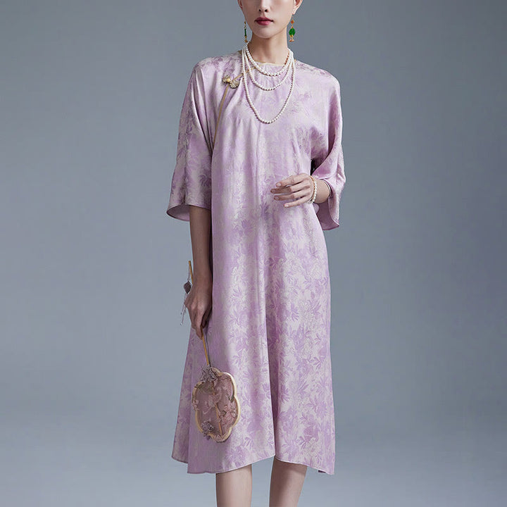 Buddha Stones Kleines Blumenblatt Jacquard Chinesisches Cheongsam Qipao Midikleid mit Taschen - Lila - US12, UK/AU16, EU44 (XL) - image 6