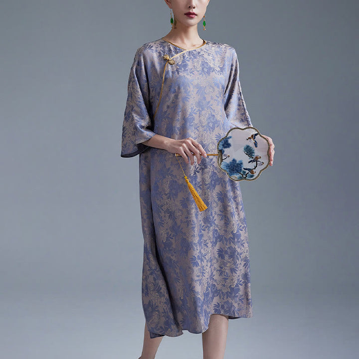 Buddha Stones Kleines Blumenblatt Jacquard Chinesisches Cheongsam Qipao Midikleid mit Taschen - Dunkelviolett - US12, UK/AU16, EU44 (XL) - image 10