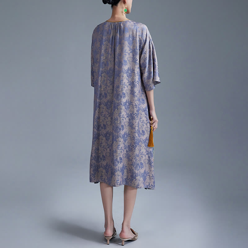 Buddha Stones Kleines Blumenblatt Jacquard Chinesisches Cheongsam Qipao Midikleid mit Taschen - image 12