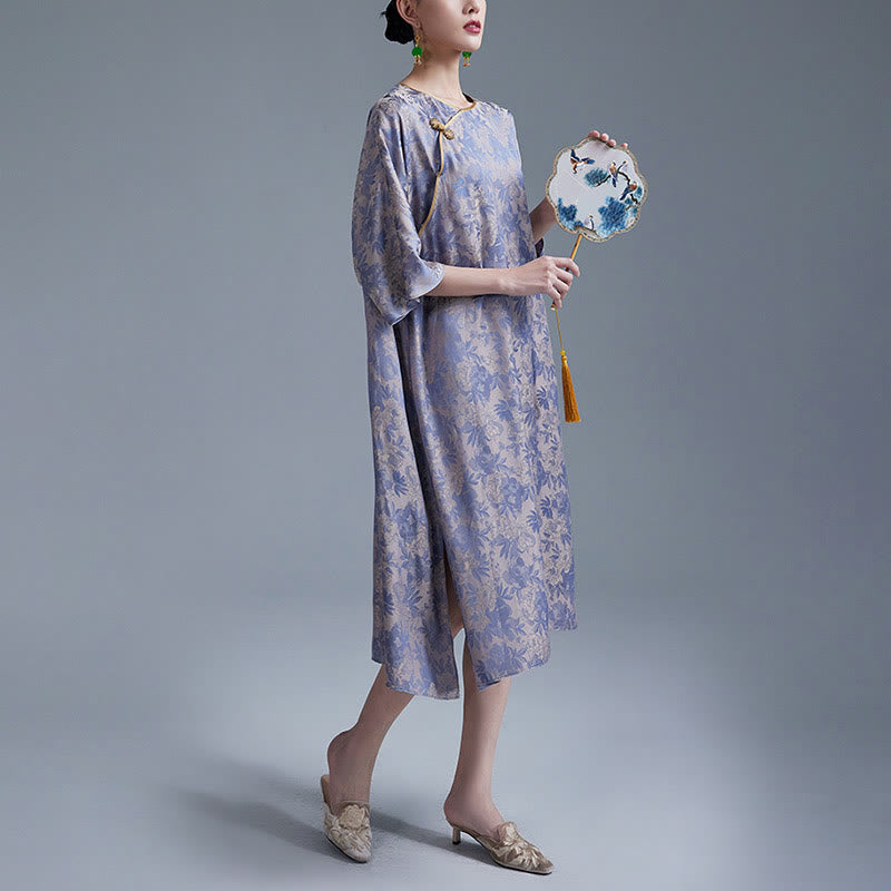 Buddha Stones Kleines Blumenblatt Jacquard Chinesisches Cheongsam Qipao Midikleid mit Taschen - image 11