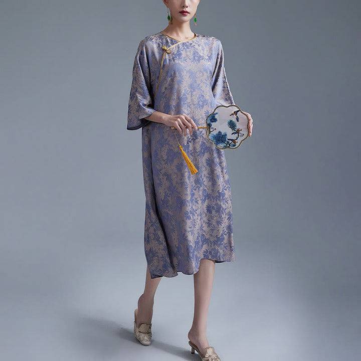 Buddha Stones Kleines Blumenblatt Jacquard Chinesisches Cheongsam Qipao Midikleid mit Taschen - image 13
