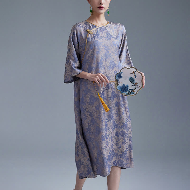 Buddha Stones Kleines Blumenblatt Jacquard Chinesisches Cheongsam Qipao Midikleid mit Taschen - Dunkelviolett - US12, UK/AU16, EU44 (XL) - image 10