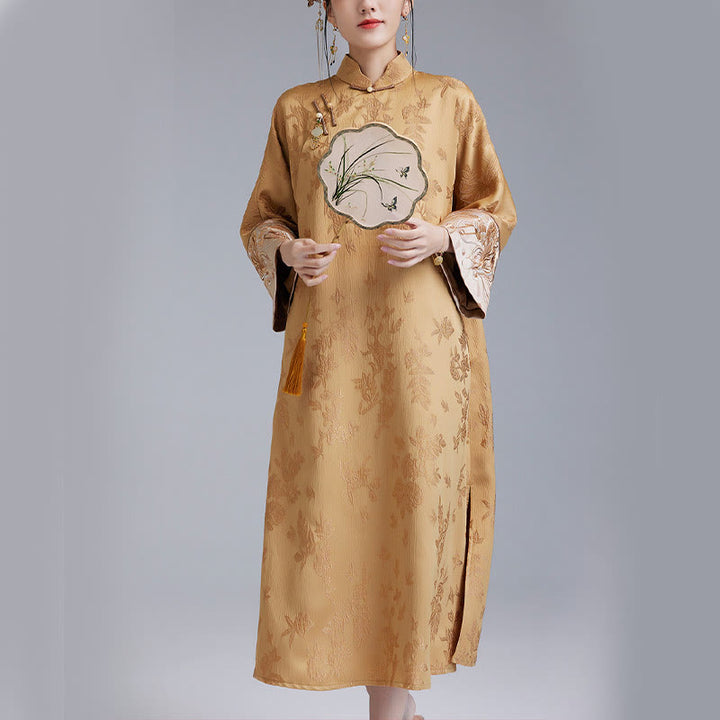 Buddha-Steine, Blumenstickerei, Froschknopf, chinesisches Cheongsam, Qipao, Midikleid mit Taschen