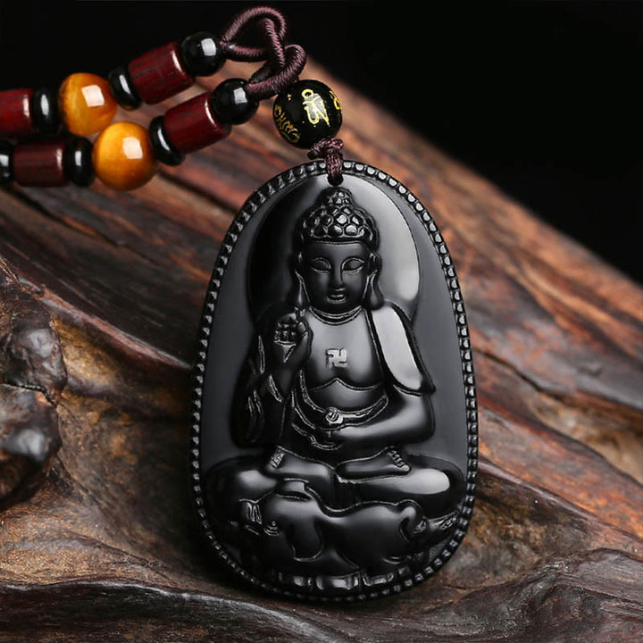 Buddha-Steine, chinesisches Sternzeichen, Geburts-Buddha, natürlicher schwarzer Obsidian, Reinigungs-Halskettenanhänger