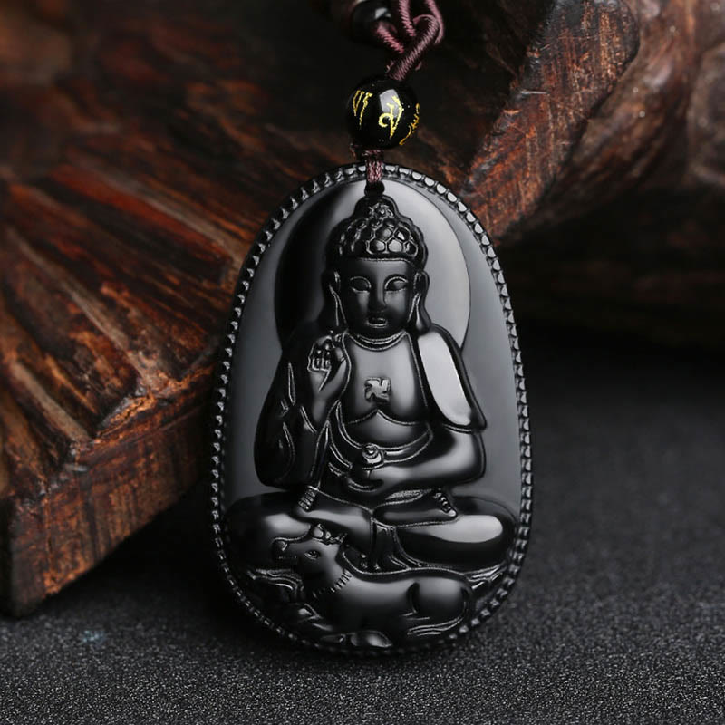 Buddha-Steine, chinesisches Sternzeichen, Geburts-Buddha, natürlicher schwarzer Obsidian, Reinigungs-Halskettenanhänger