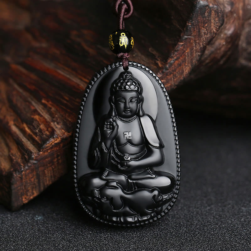 Buddha-Steine, chinesisches Sternzeichen, Geburts-Buddha, natürlicher schwarzer Obsidian, Reinigungs-Halskettenanhänger