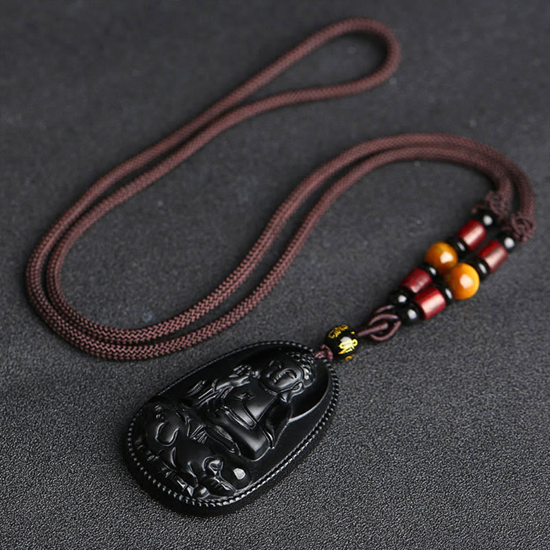 Buddha-Steine, chinesisches Sternzeichen, Geburts-Buddha, natürlicher schwarzer Obsidian, Reinigungs-Halskettenanhänger