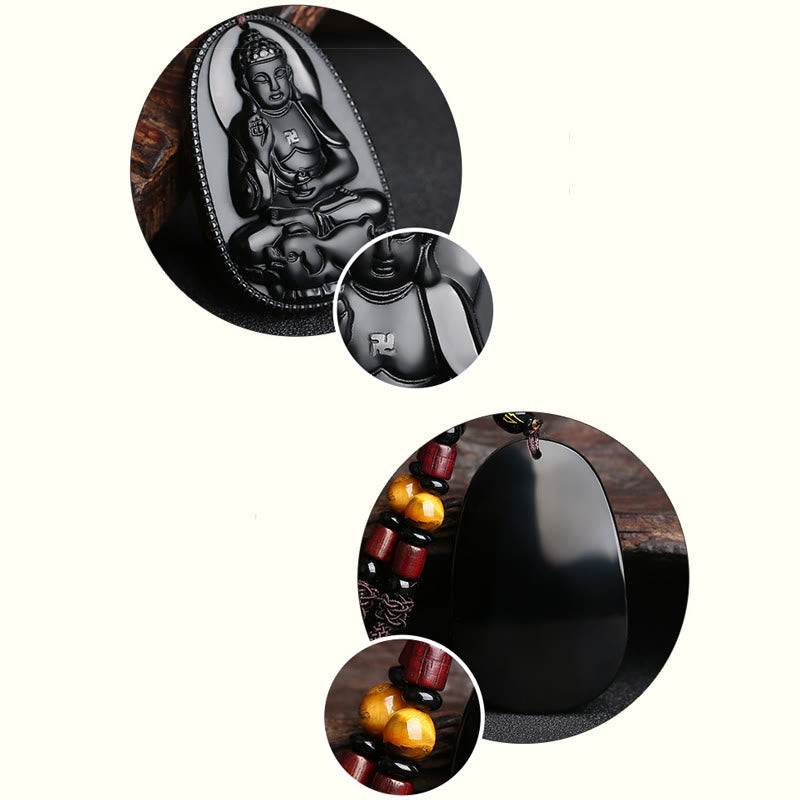 Buddha-Steine, chinesisches Sternzeichen, Geburts-Buddha, natürlicher schwarzer Obsidian, Reinigungs-Halskettenanhänger