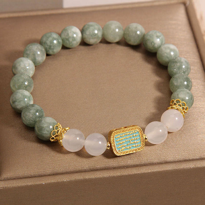 Buddha Stones Armband aus natürlichem grünem Jade und Weiß Achat mit fünf Schriften der Fülle