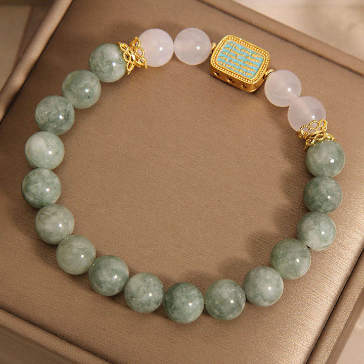 Buddha Stones Armband aus natürlichem grünem Jade und Weiß Achat mit fünf Schriften der Fülle