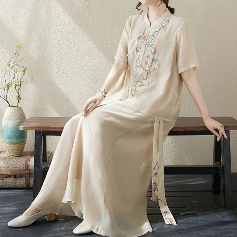 Buddha Stones 2-teiliges Set mit Blumenstickerei, kurzärmligem T-Shirt und Hose mit weitem Bein - image 4