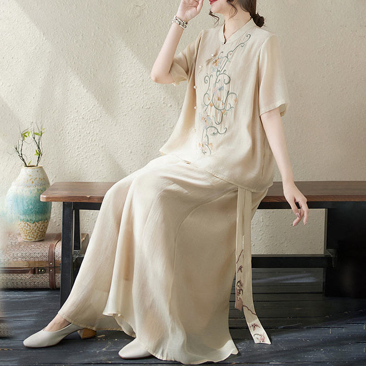 Buddha Stones 2-teiliges Set mit Blumenstickerei, kurzärmligem T-Shirt und Hose mit weitem Bein - image 7