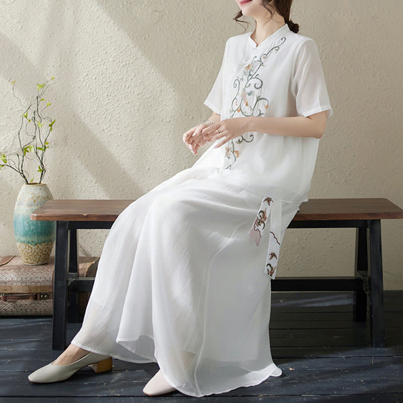 Buddha Stones 2-teiliges Set mit Blumenstickerei, kurzärmligem T-Shirt und Hose mit weitem Bein