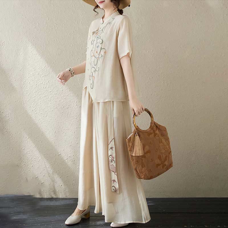 Buddha Stones 2-teiliges Set mit Blumenstickerei, kurzärmligem T-Shirt und Hose mit weitem Bein - image 3