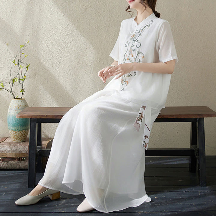 Buddha Stones 2-teiliges Set mit Blumenstickerei, kurzärmligem T-Shirt und Hose mit weitem Bein - image 14