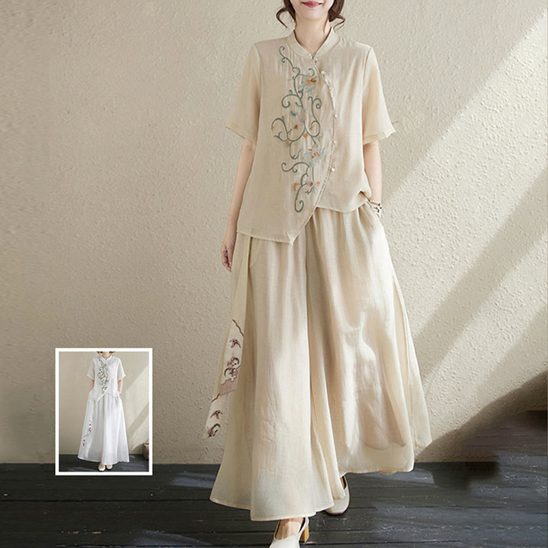 Buddha Stones 2-teiliges Set mit Blumenstickerei, kurzärmligem T-Shirt und Hose mit weitem Bein - image 8