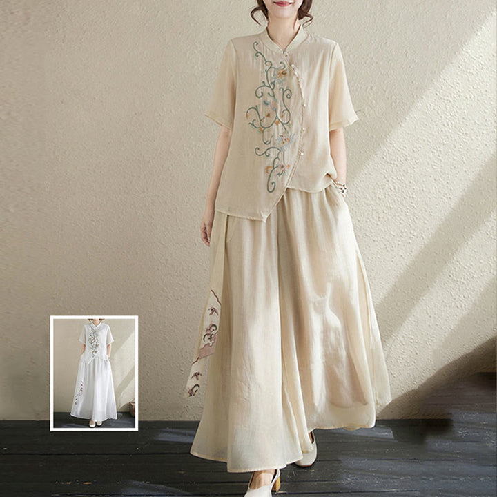 Buddha Stones 2-teiliges Set mit Blumenstickerei, kurzärmligem T-Shirt und Hose mit weitem Bein - image 8